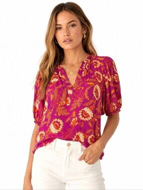 Rachel Zoe Floral Rayon Peasant Blouse Pink Orange Puff Sleeve Size Small